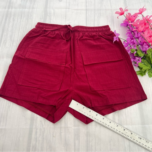 Women’s Drawstring Linen Summer Burgundy with 2 Pockets Shorts size S - Picture 4 of 8